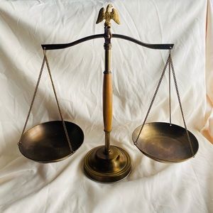 Brass and Wood Scales of Justice with Bald Eagle